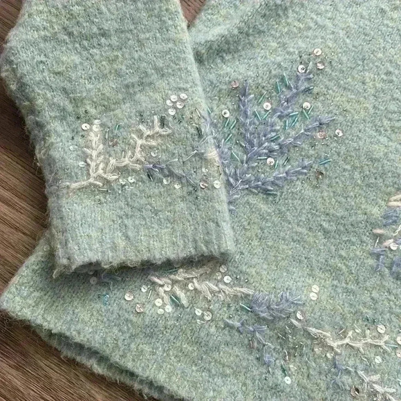 Talbots | Light  blue wool blend embroidery and beaded sweater - Picture 5 of 12